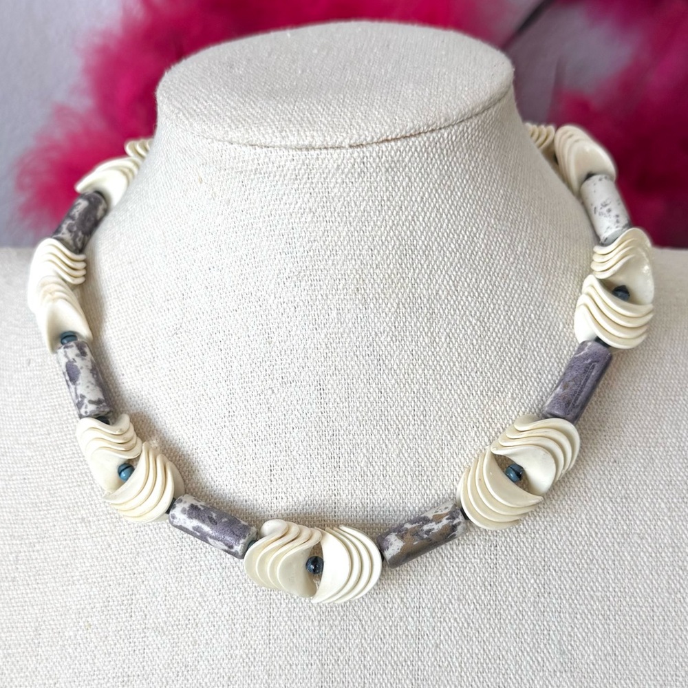 Artisan Cream and Purple Beaded Necklace - Picture 6 of 6